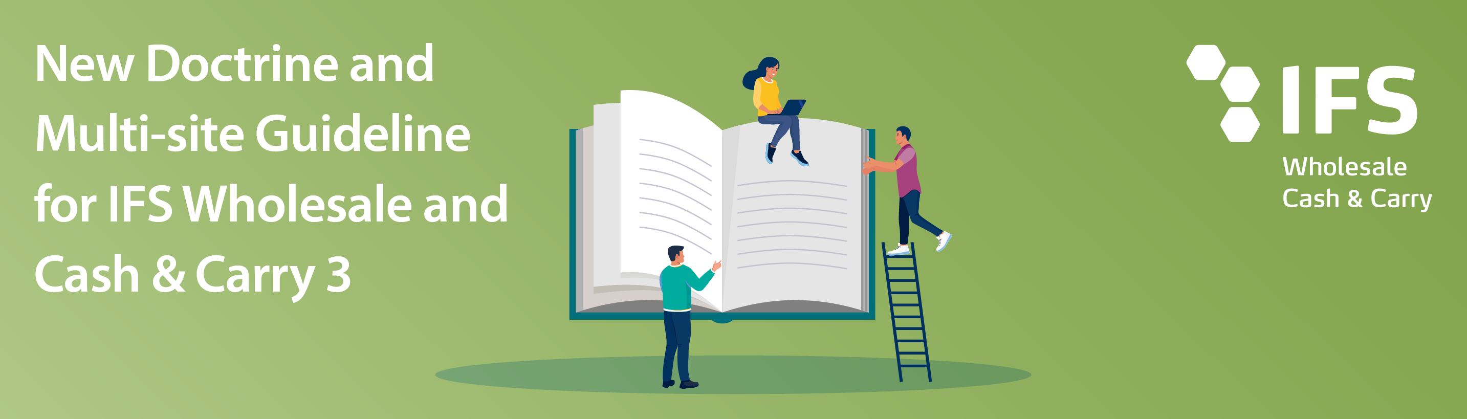 3 people with book and ladder with IFS Wholesale and Cash & Carry logo
